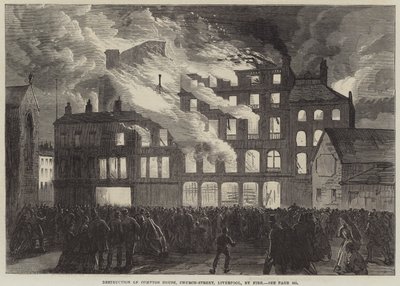 Zerstörung des Compton House, Church-Street, Liverpool, durch Feuer (Stich) von English School