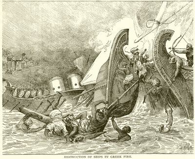 Zerstörung von Schiffen durch griechisches Feuer von English School