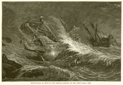Zerstörung von Schiffen der spanischen Armada an der irischen Küste, 1588 von English School