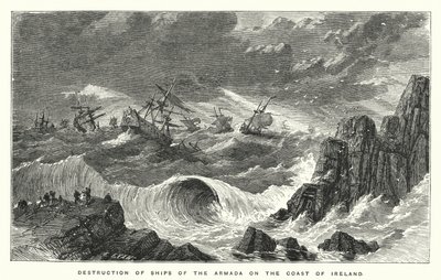 Zerstörung von Schiffen der Armada an der Küste Irlands (Stich) von English School