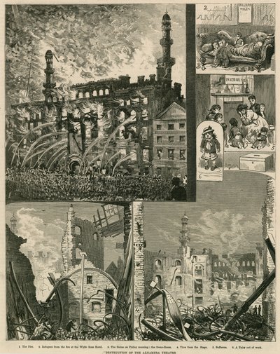 Zerstörung des Alhambra Theatre, London, am 7. Dezember 1882 von English School