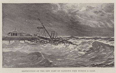 Zerstörung des neuen Teils des Sandown-Piers während eines Sturms (Gravur) von English School