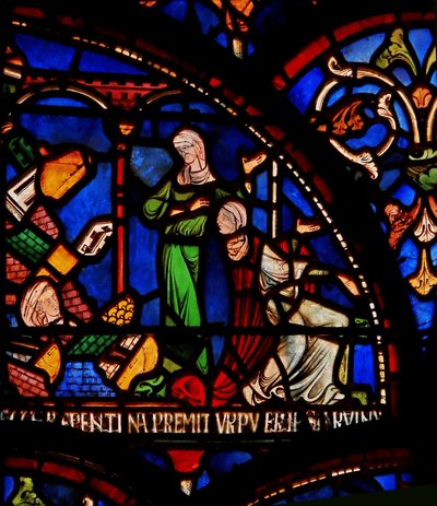 Detail aus dem Wunderfenster mit einer Mauer, die auf den Säugling Geoffrey von Winchester fällt von English School