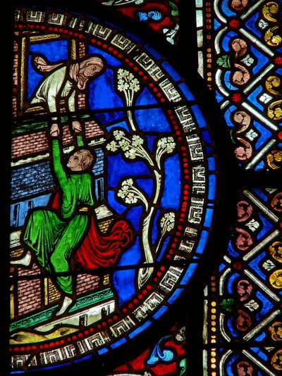 Detail aus dem Ostfenster der Dreifaltigkeitskapelle mit David, der aus der Stadt flieht von English School