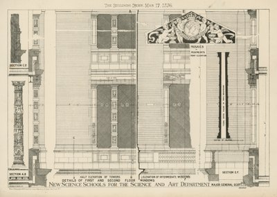Details der Fenster im ersten und zweiten Stock der neuen Wissenschaftsschulen für die Wissenschafts- und Kunstabteilung von English School