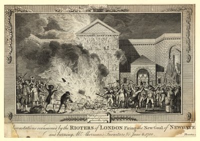 Verwüstungen durch die Aufständischen in London, Brand des neuen Gefängnisses von Newgate und Verbrennung von Mr. Akermans Möbeln, 6. Juni 1780 von English School