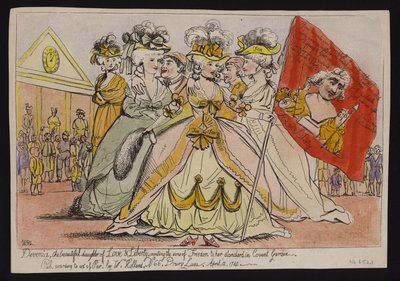 Devonia, die schöne Tochter von Liebe und Freiheit, lädt die Söhne der Freiheit zu ihrem Banner im Covent Garden ein: politische Satire auf die Unterstützung der Herzogin von Devonshire für Charles James Fox von English School