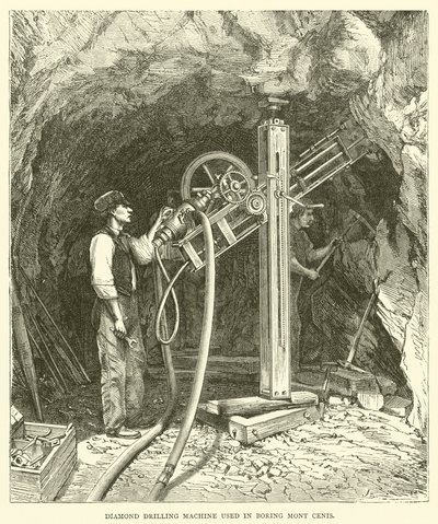 Diamantbohrmaschine, die beim Bohren des Mont Cenis verwendet wird (Stich) von English School