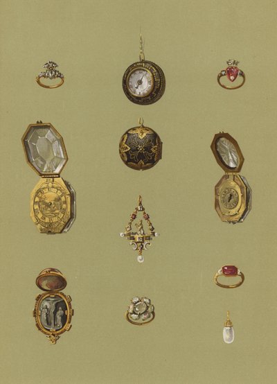 Diamantring, Goldene Uhr, Blutstein-Kamee, Goldene Uhr, Juwelen-Solitär, Opal-Trauerring von Maria Stuart, Goldring der Prinzessin Elisabeth, Goldene Uhr in achteckiger Form, Goldring, Perlenohrring von English School