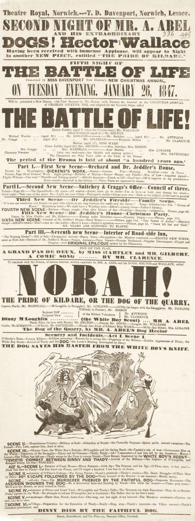 Dickens Spielplan: The Battle of Life im Theatre Royal, Norwich, 26. Januar 1847 von English School