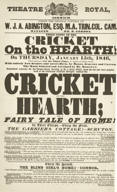Dickens Spielplan: The Cricket on the Hearth im Theatre Royal, Derby, 15. Januar 1846 von English School