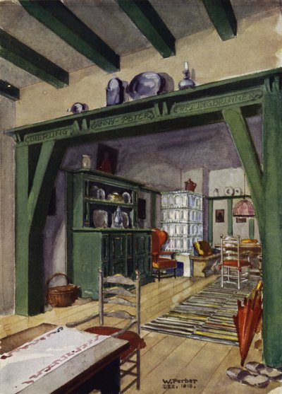 Ess- und Wohnzimmer in einem Landhaus (Farblithographie) von English School