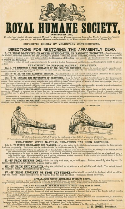 Anweisungen zur Wiederbelebung scheinbar Toter; herausgegeben von der Royal Humane Society, Mai 1872 von English School