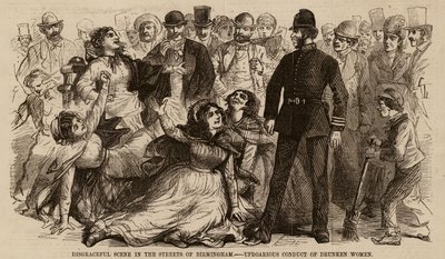 Schändliche Szene in den Straßen von Birmingham, tumultartiges Verhalten betrunkener Frauen (Gravur) von English School