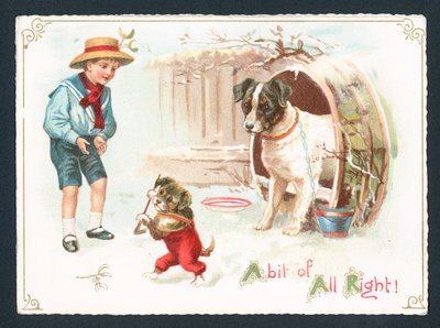 Hund, Welpe und Junge spielen im Schnee von English School