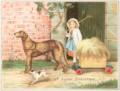 Hund zieht Wagen voller Heu, Weihnachtskarte von English School