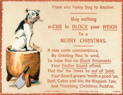 Hund sitzt auf Hackklotz, Weihnachtskarte von English School