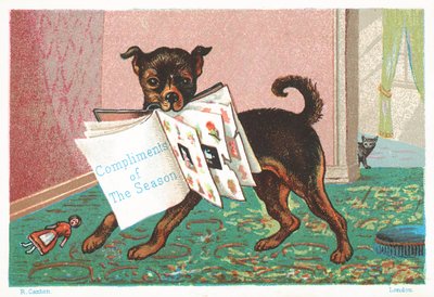 Hund mit Buch im Maul, Weihnachtskarte von English School