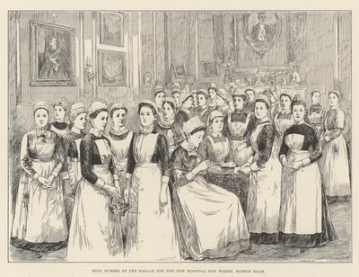 Puppenkrankenschwestern auf dem Basar für das neue Krankenhaus für Frauen, Euston Road (Stich) von English School