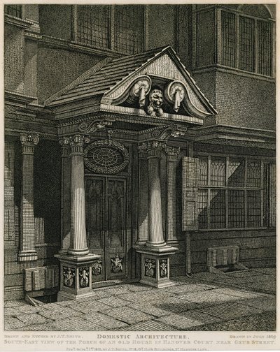 Hausarchitektur: Südostansicht der Veranda eines alten Hauses in Hanover Court nahe Grub Street von English School