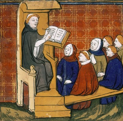 Dominikanischer Lehrer, sitzend mit Buch auf einem Lesepult, mit Schülern, die vor ihm auf dem Boden sitzen. "Livre des Proprietez des Choses", frühes fünfzehntes Jahrhundert. von English School
