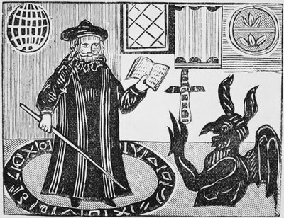Dr. Faustus in einem magischen Kreis, Frontispiz der Übersetzung von Dr. Faustus von Gent, veröffentlicht 1648 von English School