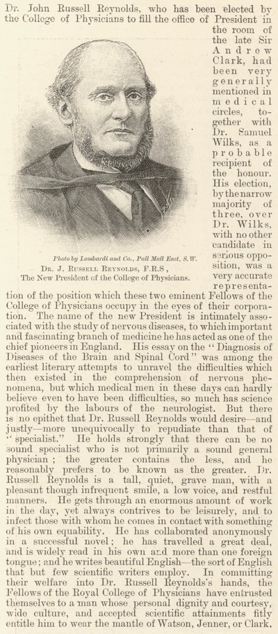 Dr. J. Russell Reynolds, FRS, der neue Präsident des College of Physicians von English School