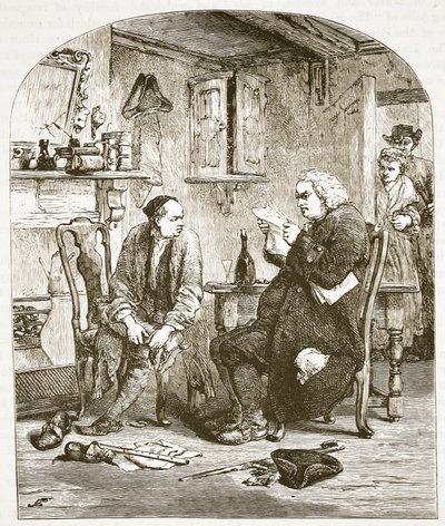 Dr. Johnson liest das Manuskript des Pfarrers von Wakefield, Illustration aus Cassells Illustrierter Geschichte Englands von English School