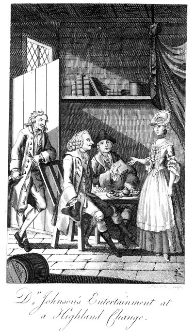 Dr. Johnsons Unterhaltung bei einem Highland-Wechsel, graviert von Roberts von English School
