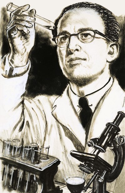 Dr. Jonas Salk, Erfinder des Polio-Impfstoffs, betrachtet ein Reagenzglas von English School