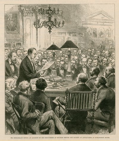 Dr. Schiemann berichtet über seine Entdeckungen in Mykene vor der Society of Antiquaries im Burlington House von English School