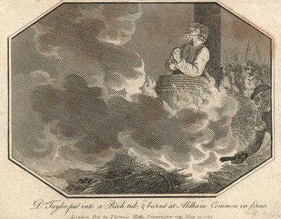 Dr. Taylor in ein Pechfass gesteckt und auf Aldham Common in Essex verbrannt (Gravur) von English School