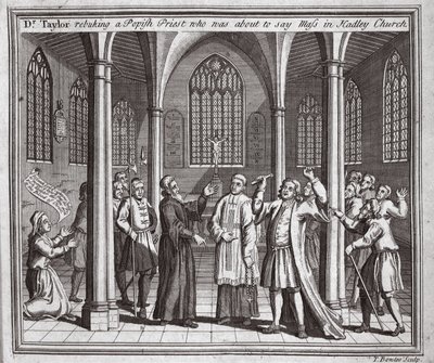 Dr. Taylor tadelt einen papistischen Priester, der im Begriff war, in der Hadley-Kirche die Messe zu lesen, Illustration aus Foxes Märtyrer, ca. 1703 von English School