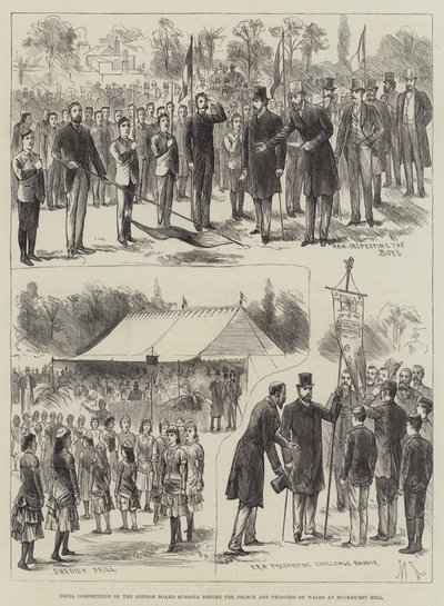 Drillwettbewerb der Londoner Schulbehörde vor dem Prinzen und der Prinzessin von Wales in Buckhurst Hill (Gravur) von English School