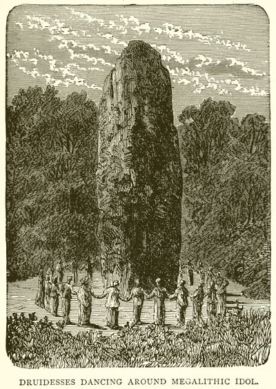 Druidinnen tanzen um einen megalithischen Götzen von English School