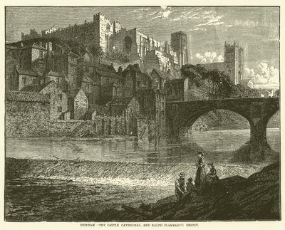 Durham, Die Schlosskathedrale und Ralph Flambards Brücke (Gravur) von English School