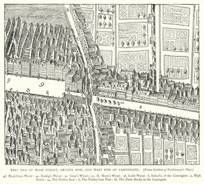 Ostende der High Street, Nether Bow, und Westende der Canongate (Stich) von English School