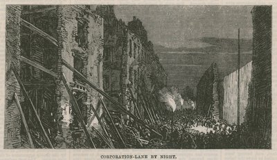 Folgen der Explosion in Clerkenwell: Corporation Lane bei Nacht von English School