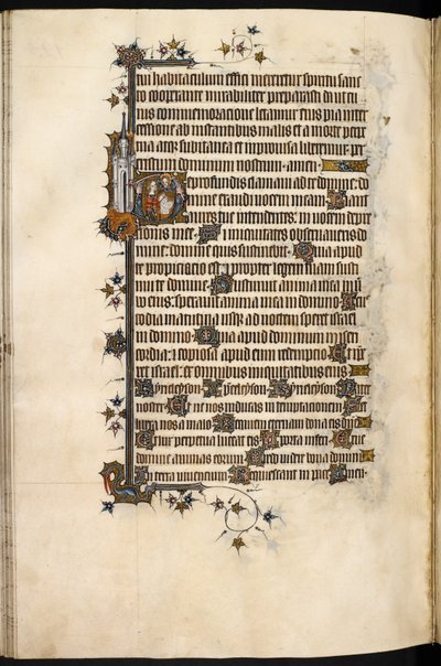 Egerton MS 3277, f.131v, Bohun-Dame beim Gebet, mit marginalem Löwen und Schloss, aus dem 