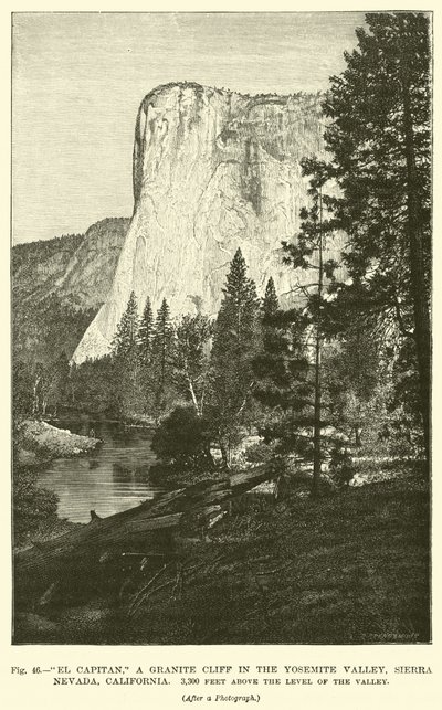 El Capitan, eine Granitklippe im Yosemite-Tal, Sierra Nevada, Kalifornien, 3.300 Fuß über dem Talniveau von English School