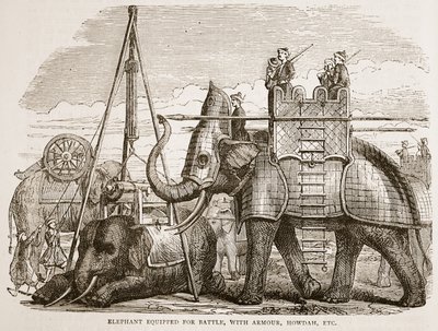 Kampfelefant mit Rüstung und Howdah, Illustration aus Cassells Illustrierter Geschichte Indiens von James Grant, veröffentlicht 1879 von English School