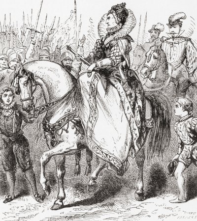 Elisabeth I inspiziert ihre Truppen im Hafen von Tilbury, 1588, aus Ward und Locks Illustrierter Geschichte der Welt, ca. 1882 von English School