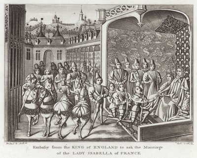 Gesandtschaft des Königs von England, um die Heirat der Lady Isabella von Frankreich zu erbitten von English School