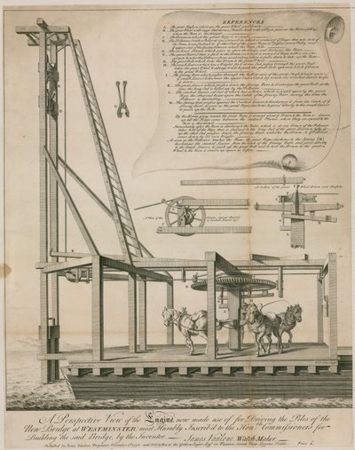 Maschine zum Treiben der Pfähle, Westminster-Brücke von English School