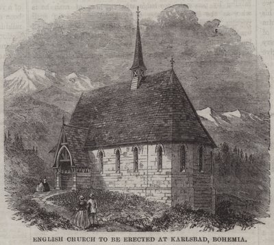 Englische Kirche, die in Karlsbad, Böhmen, errichtet werden soll (Stich) von English School