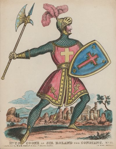 Englischer Schauspieler Thomas Potter Cooke als Sir Roland der Beständige in König Arthur (farbige Gravur) von English School