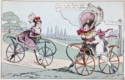 Englische Karikatur über Steckenpferde im Jahr 1819 (erste Fahrräder) - in „Le cycling théorique et pratique“ von Baudry de Saulnier von English School