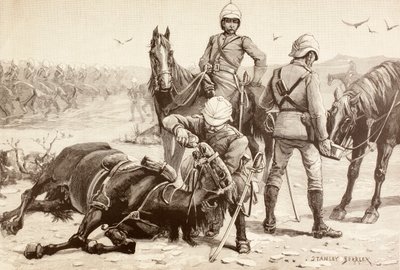 Englische Kavallerie tränkt ihre Pferde während des Mahdi-Aufstands, Sudan in den 1880er Jahren (Lithografie) von English School