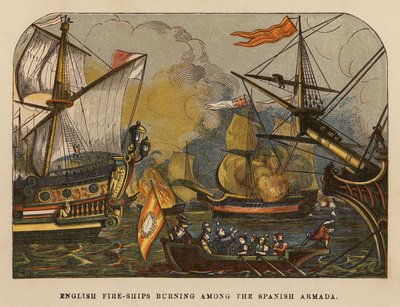 Englische Brandschiffe brennen unter der spanischen Armada (farbige Gravur) von English School