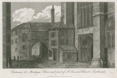 Eingang zu Montague Close und Teil der St. Saviours Kirche, Southwark, Surrey von English School